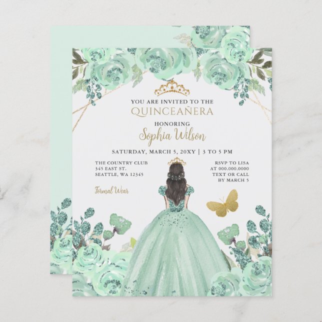 Budget Mint Gold Princess Quinceañera Invitation (Front/Back)