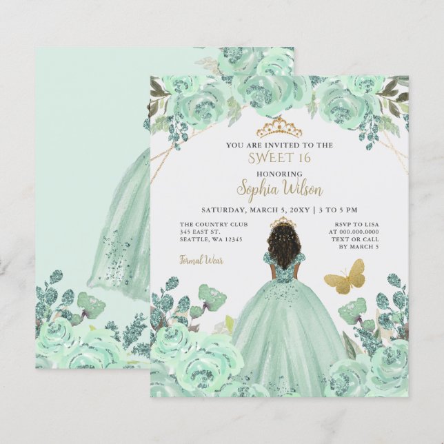 Budget Mint Gold Princess Sweet 16 Invitation (Front/Back)