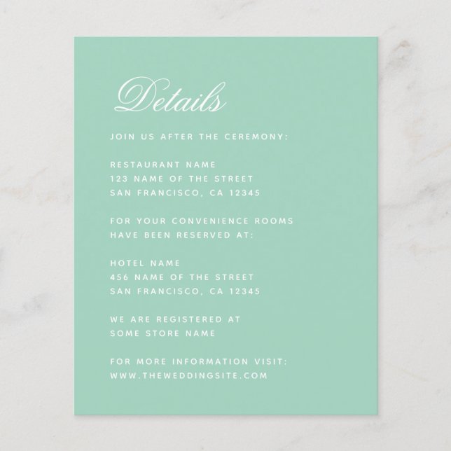 Budget Mint Wedding Details Green Calligraphy Card (Front)