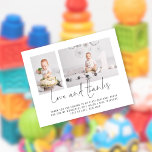 Budget Modern 2 Photo Script 1st Birthday Thanks<br><div class="desc">A value for money BUDGET alternative on a smaller size 4.5 x 5.6” semi-gloss 110lbs weight, which is of similar thickness to a postcard (however is not suitable to use as a postcard.). PLEASE NOTE there is ONE per sheet. Budget Modern 2 Photo Script First Birthday Party Thank You. Simply...</div>