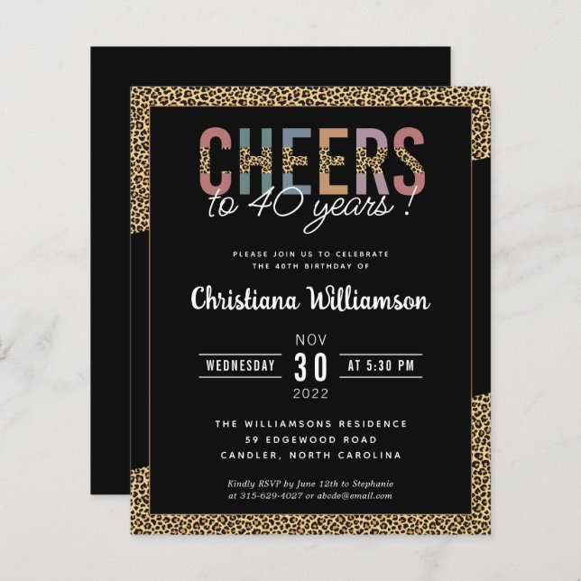 Budget Modern 40th Birthday Party Leopard Print  (Front/Back)