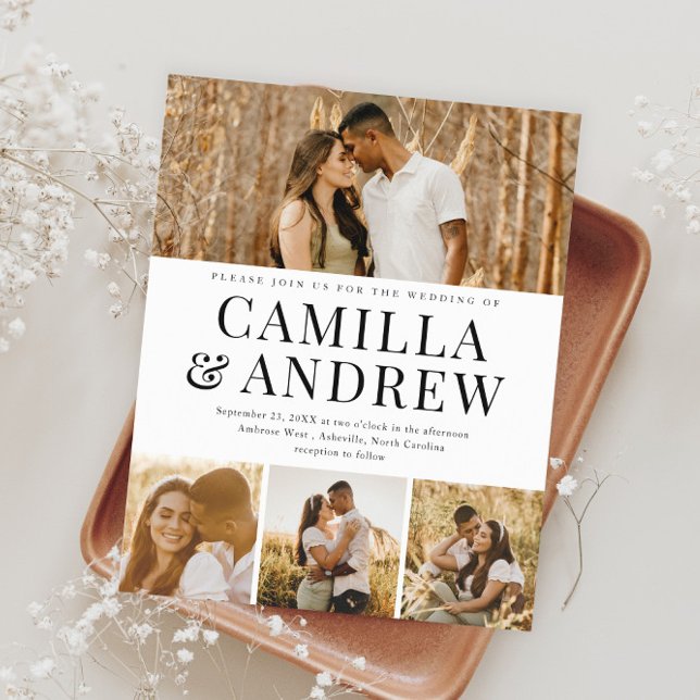  Budget Modern 4 Photo Elegant Wedding Invitation (Modern Typography Budget Photo Wedding Invitations.)