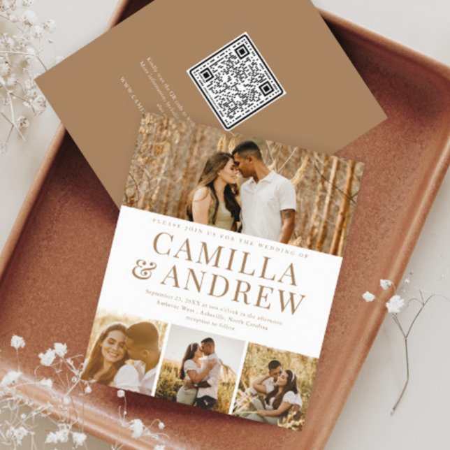  Budget Modern 4 Photo QR Code Wedding Invitation (A modern typography 4 photo wedding invitation with QR Code RSVP on the back.)