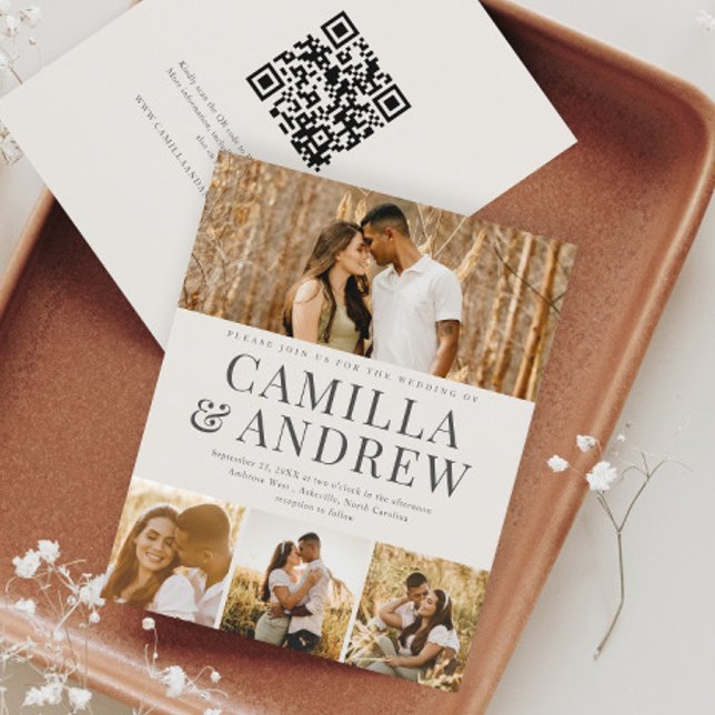  Budget Modern 4 Photo QR Code Wedding Invitation (Budget 4 Photo Collage Ivory Wedding Invitation with QR code RSVP on the back.)