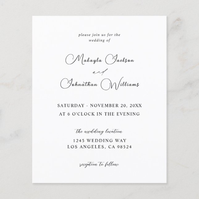 Budget Modern 9 Calligraphy Wedding -Black & White Flyer (Front)