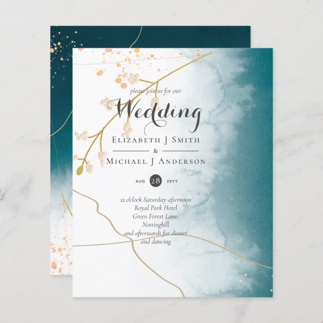 BUDGET Modern Abstract Teal Gold Wedding Invite (Front/Back)
