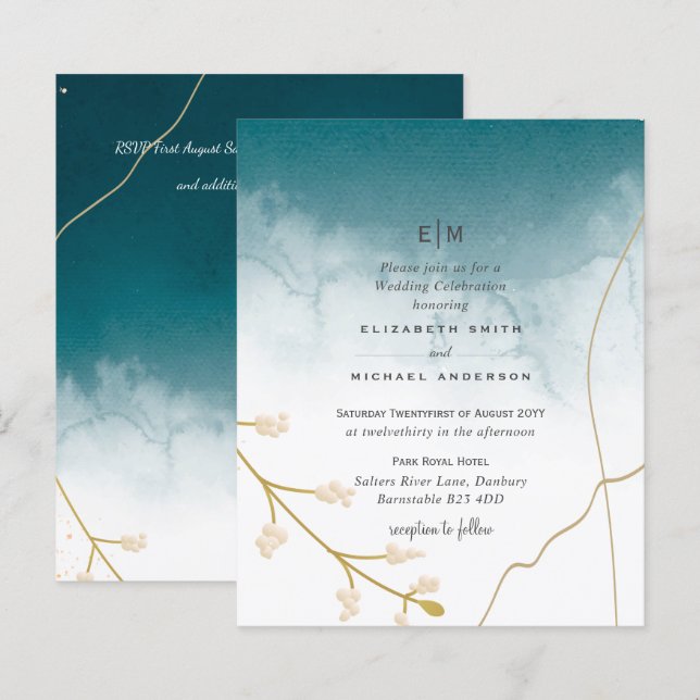 BUDGET Modern Abstract Teal Gold Wedding Invite (Front/Back)