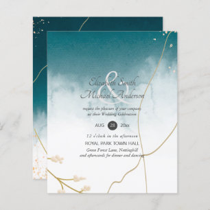 BUDGET Modern Abstract Teal Gold Wedding Invite