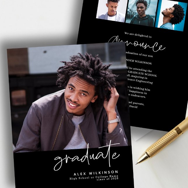 BUDGET Modern Black Chic 4 Photo GRAD Announcement Flyer (Creator Uploaded)