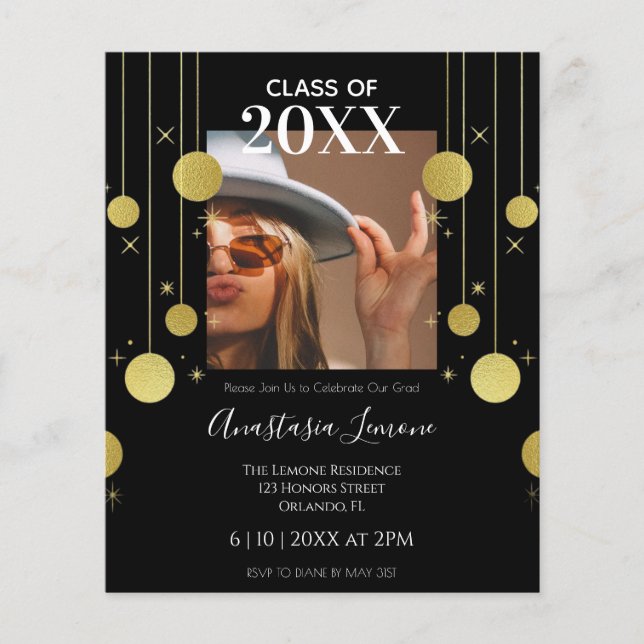 Budget Modern  Black & Gold Graduation Invitation (Front)