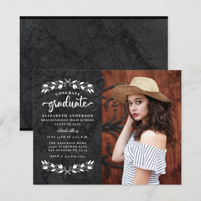 Budget Modern Black White Photo Graduation Party Announcement (Front/Back)