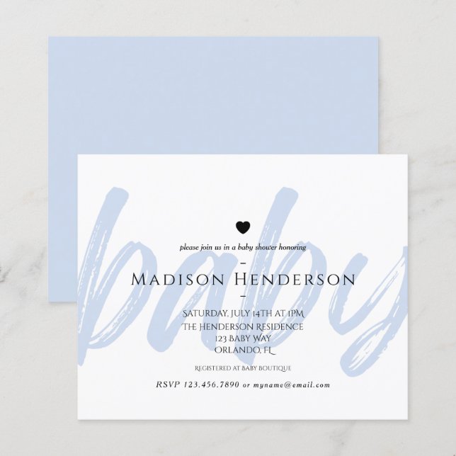Budget Modern Blue Minimal Baby Shower Invitation (Front/Back)