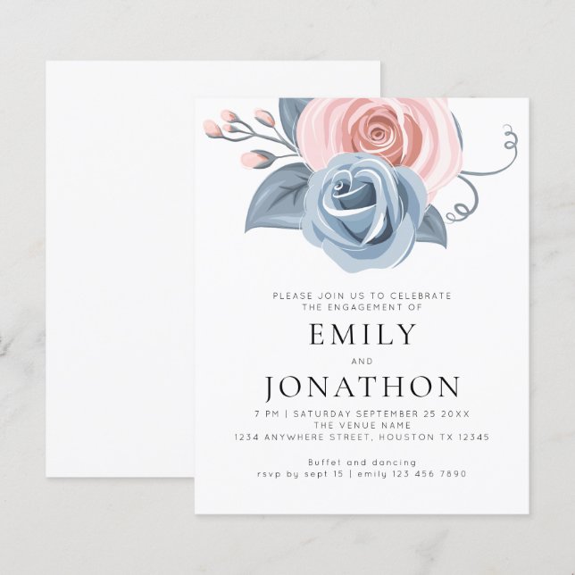 Budget Modern Blue Pink Florals Engagement Party  (Front/Back)