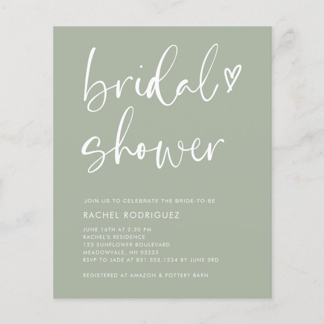 BUDGET Modern Bohemian Sage Green Bridal Shower (Front)