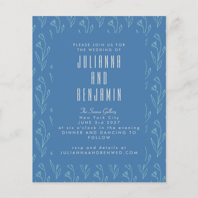 Budget Modern Boho Floral Line Art Blue Wedding (Front)