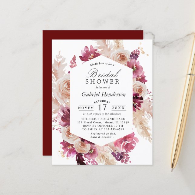 Budget Modern Boho Maroon Bridal Shower Invitation (Front/Back In Situ)