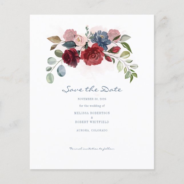 Budget Modern Burgundy Floral Rustic Save The Date (Front)