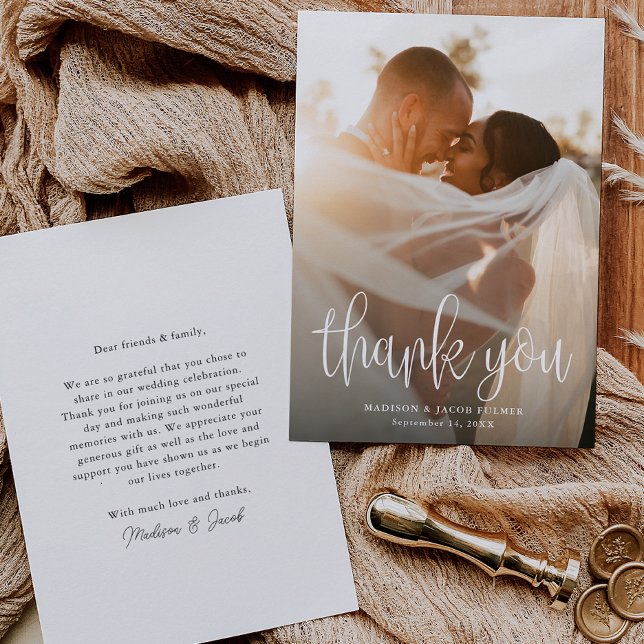 Budget Modern Calligraphy Script Wedding Photo Thank You Card (Creator Uploaded)