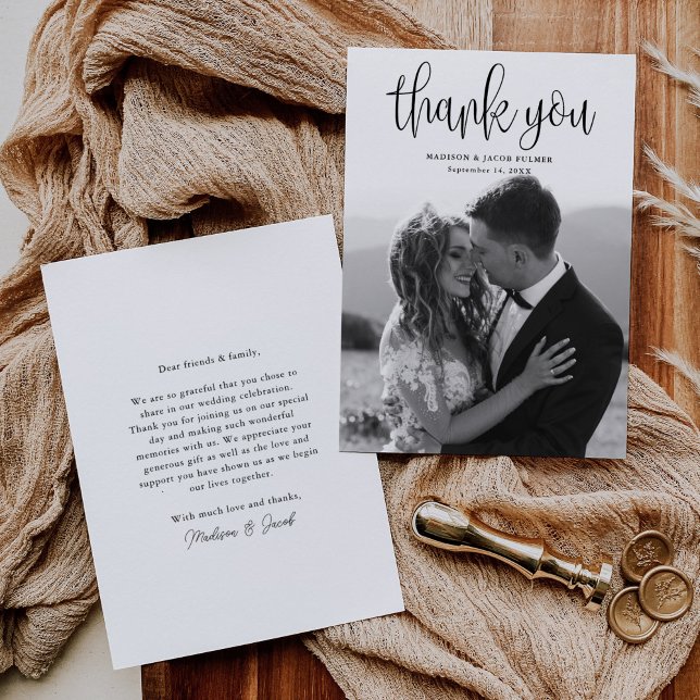 Budget Modern Calligraphy Script Wedding Photo Thank You Card (Creator Uploaded)