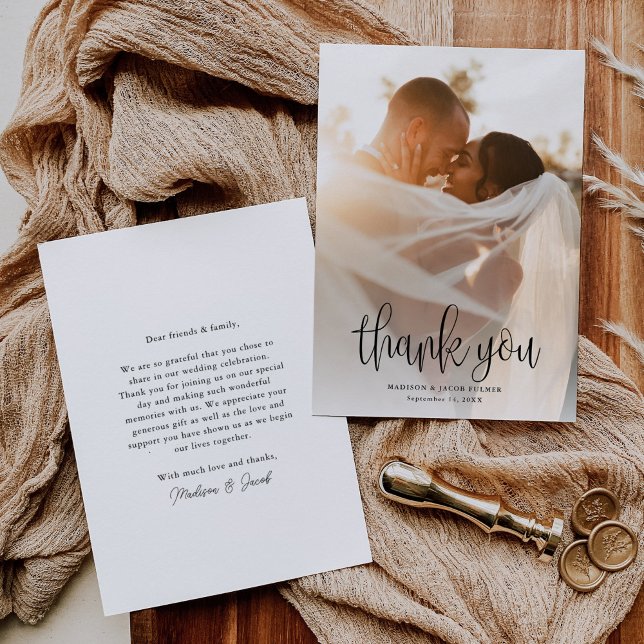 Budget Modern Calligraphy Script Wedding Photo Thank You Card (Creator Uploaded)