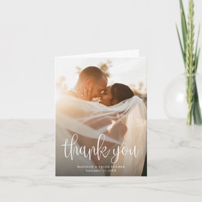 Budget Modern Calligraphy Script Wedding Photo Thank You Card (Front)