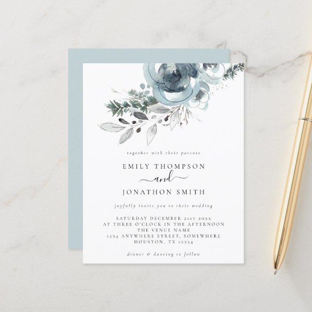 Budget Modern Christmas Florals Wedding Invitation (Front/Back In Situ)