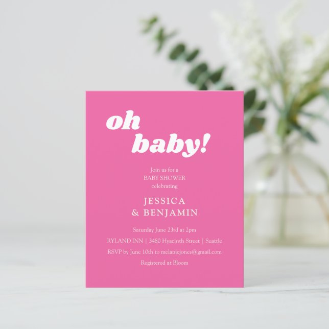 Budget Modern Cute Hot Pink Baby Shower Invite (Standing Front)