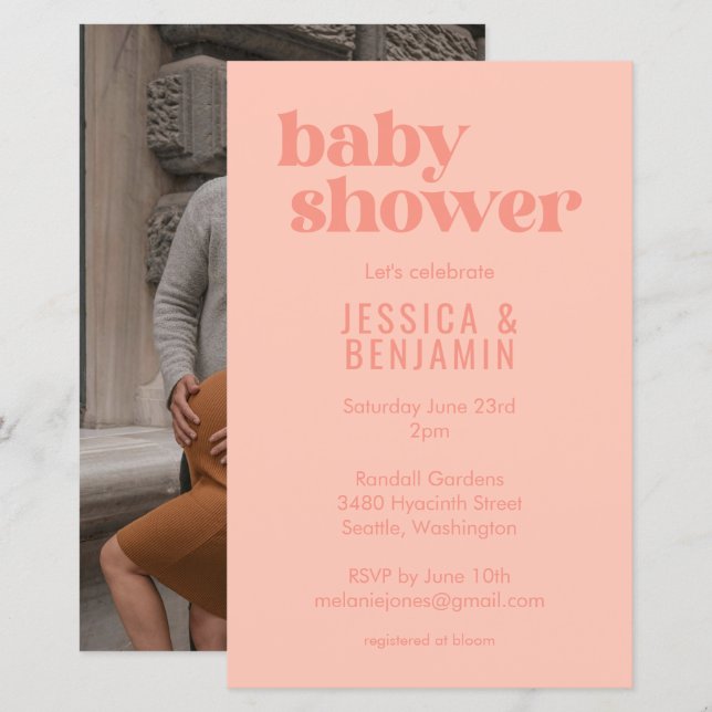 Budget Modern Cute Peach Baby Shower Photo Invite (Front/Back)