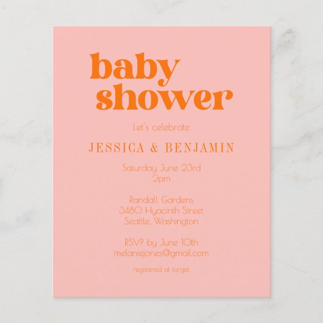 Budget Modern Cute Pink Orange Baby Shower Invite (Front)