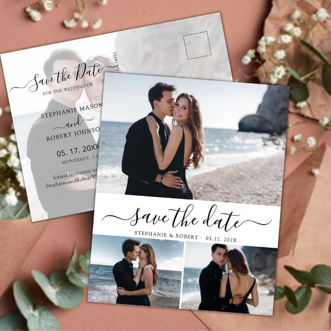 Budget Modern Elegan 3 Photo Collage Save The Date Announcement Postcard (Creator Uploaded)