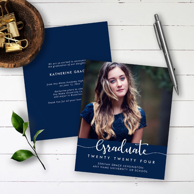 BUDGET Modern Elegant Script Blue Graduation Photo (Creator Uploaded)