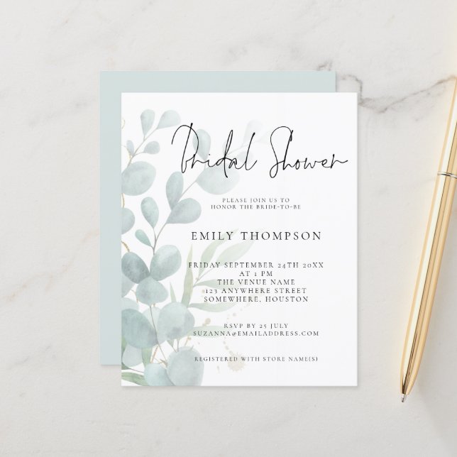 Budget Modern Eucalyptus Bridal Shower Invitation (Front/Back In Situ)