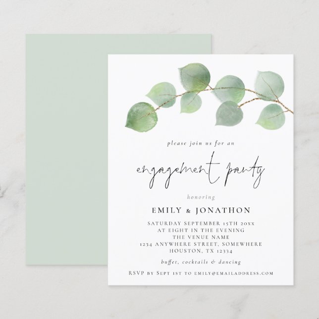 Budget Modern Eucalyptus Engagement Party Invite (Front/Back)