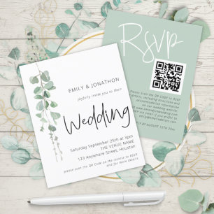 Budget Modern Eucalyptus QR Wedding Invitation