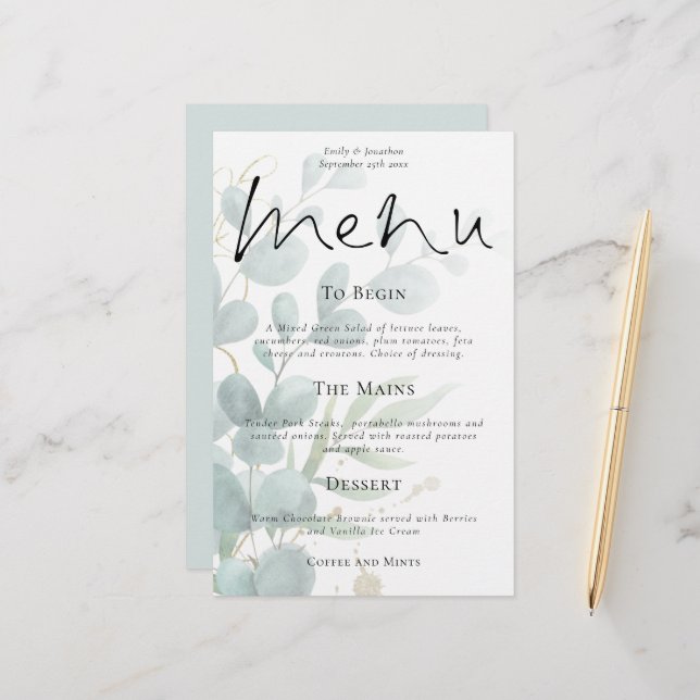 Budget Modern Eucalyptus Script Wedding Menu (Front/Back In Situ)
