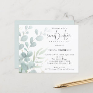 Budget Modern Eucalyptus Sweet Sixteen Invitation