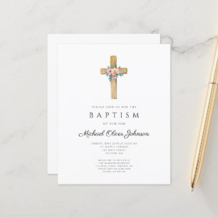 Budget Modern Floral Cross Baptism Invite