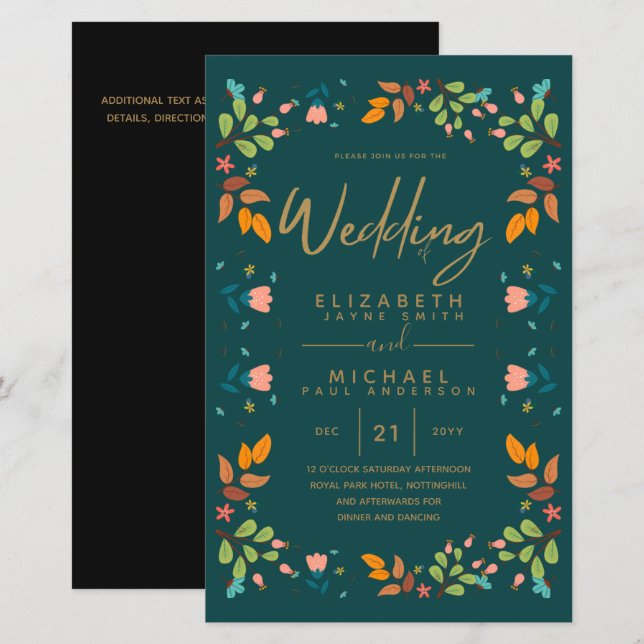 BUDGET Modern Garden Leaves Wedding Invite A9 (Front/Back)