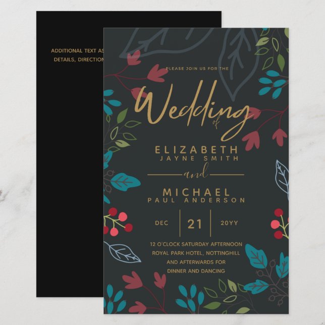 BUDGET Modern Garden Leaves Wedding Invite A9 (Front/Back)