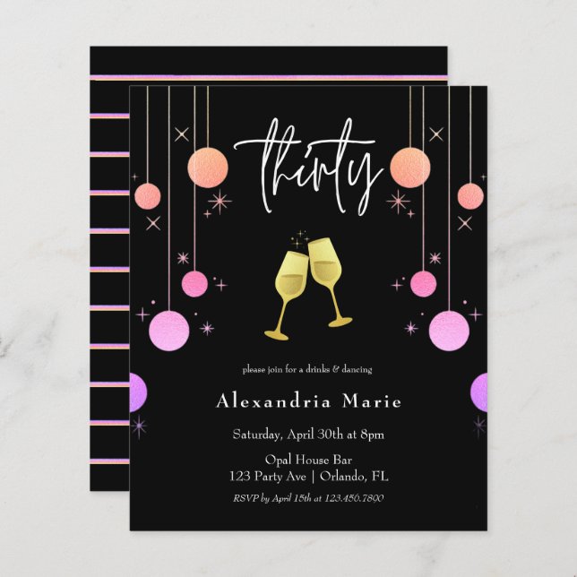 Budget Modern Gold Toast 30th Birthday Invitation (Front/Back)