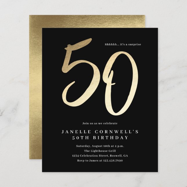 Budget Modern Gold Type 50th Birthday Invitation (Front/Back)