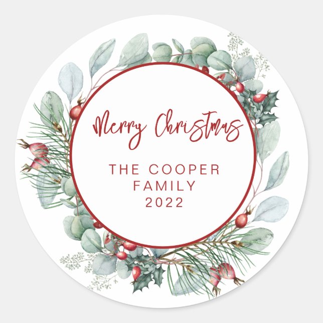 BUDGET Modern Greenery Christmas Card Flyer Classic Round Sticker (Front)