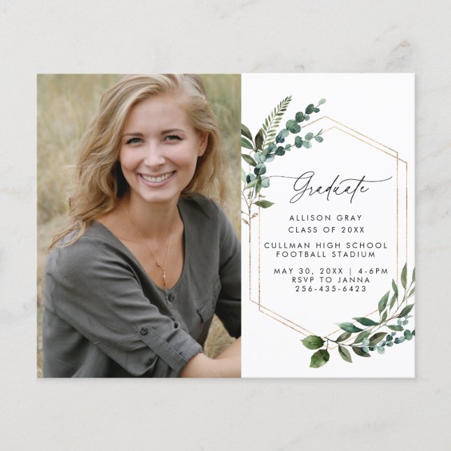 Budget Modern Greenery Graduation Announcement Flyer (Front)