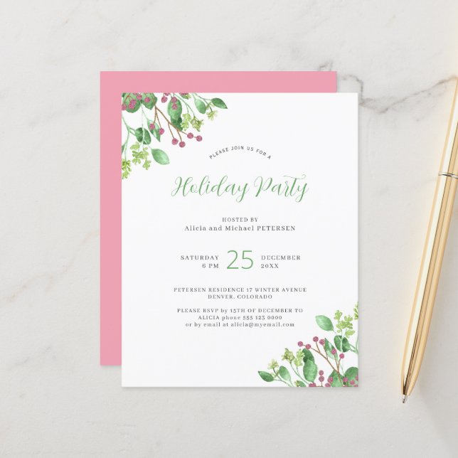 Budget modern greenery holiday party invitation (Front/Back In Situ)