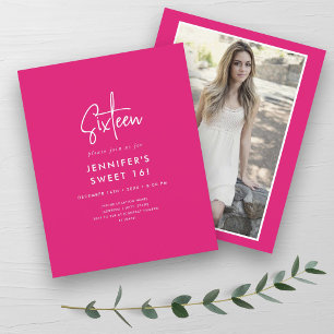 Budget Modern Hot Pink Photo Sweet 16 Invite