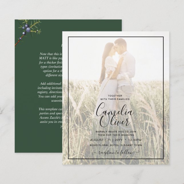 Budget Modern Juniper Green Wedding Invitation (Front/Back)