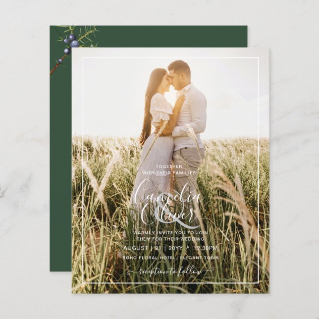 Budget Modern Juniper Green Wedding Invitation (Front/Back)