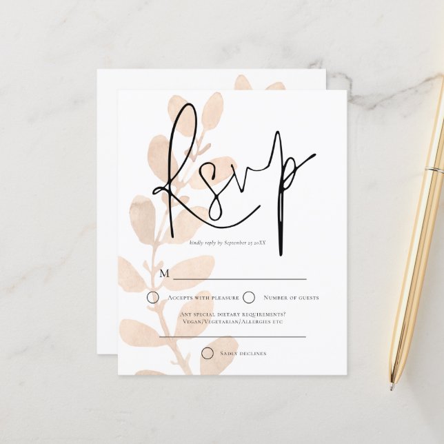 Budget Modern Leaves Script Wedding RSVP (Front/Back In Situ)