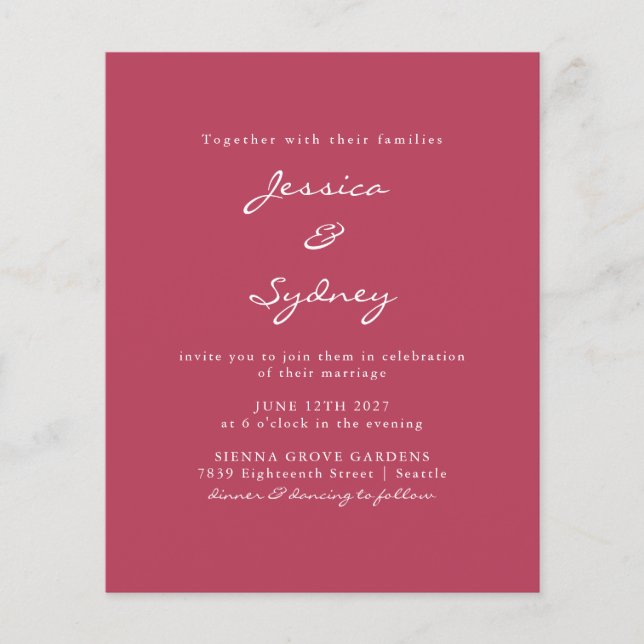 Budget Modern Magenta Script Wedding (Front)