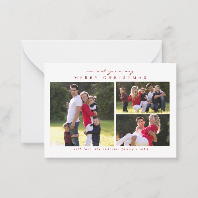 Budget Modern Merry Christmas Red 3 Photo Holiday Card (Front)